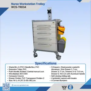 WCS-TR034 Nurse Workstation Trolley with 5 drawers, PVC waste bins, needle box, and SS 304 wire basket on antistatic castors