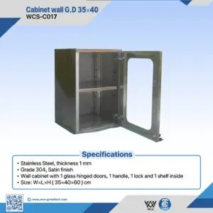 WCS-C017 304 stainless steel corner wall cabinet with glass hinged door, satin finish, integrated handle, secure lock, and one internal shelf for clinical storage