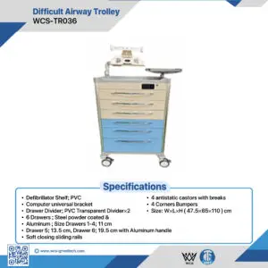 WCS-TR036 Difficult Airway Trolley with 6 steel and aluminum drawers, PVC defibrillator shelf, and antistatic castors