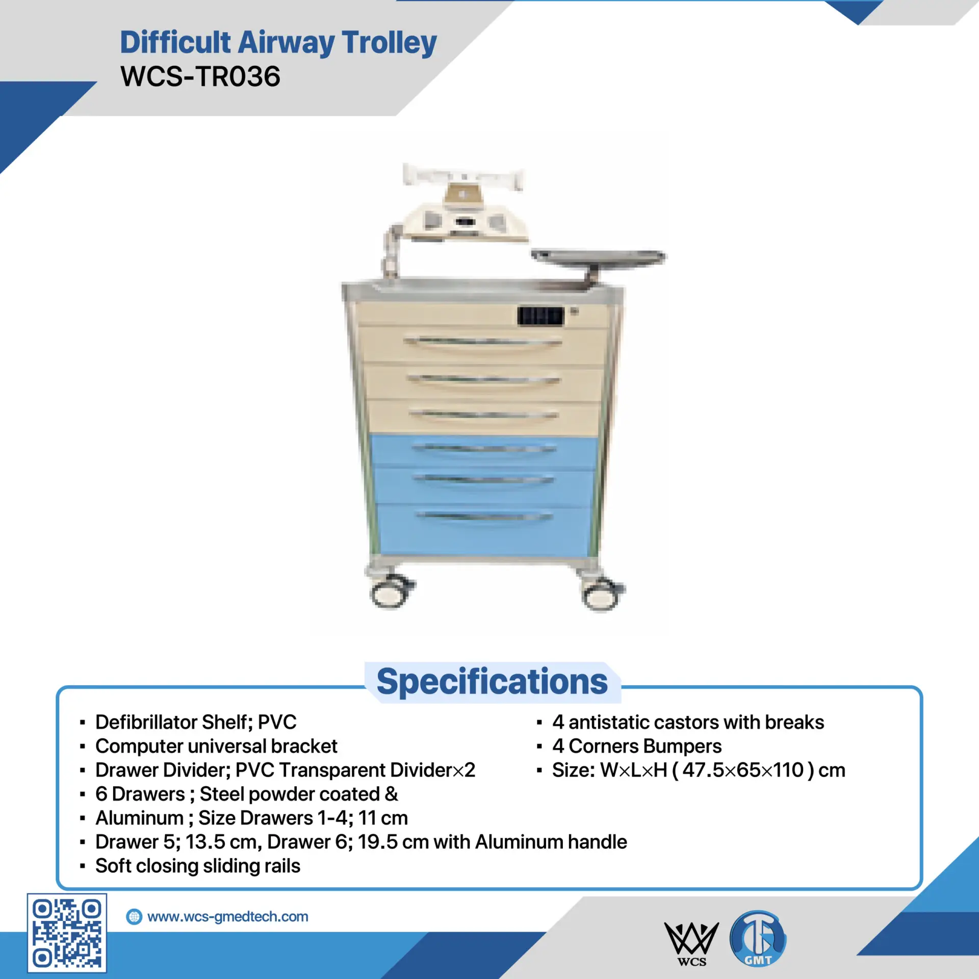 WCS-TR036 Difficult Airway Trolley with 6 steel and aluminum drawers, PVC defibrillator shelf, and antistatic castors