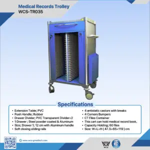 WCS-TR035 Medical Records Trolley with PVC extension table, rubber push handle, and 60-file capacity drawer
