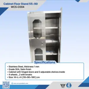 WCS-C004 55x90x180cm Grade 304 stainless steel medical cabinet floor stand with hinged doors, three adjustable interior shelves, and four caster wheels
