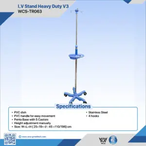 WCS-TR063 Heavy Duty V3 Stainless Steel I.V. Stand with 4 hooks, PVC dish, and 5-wheel penta base