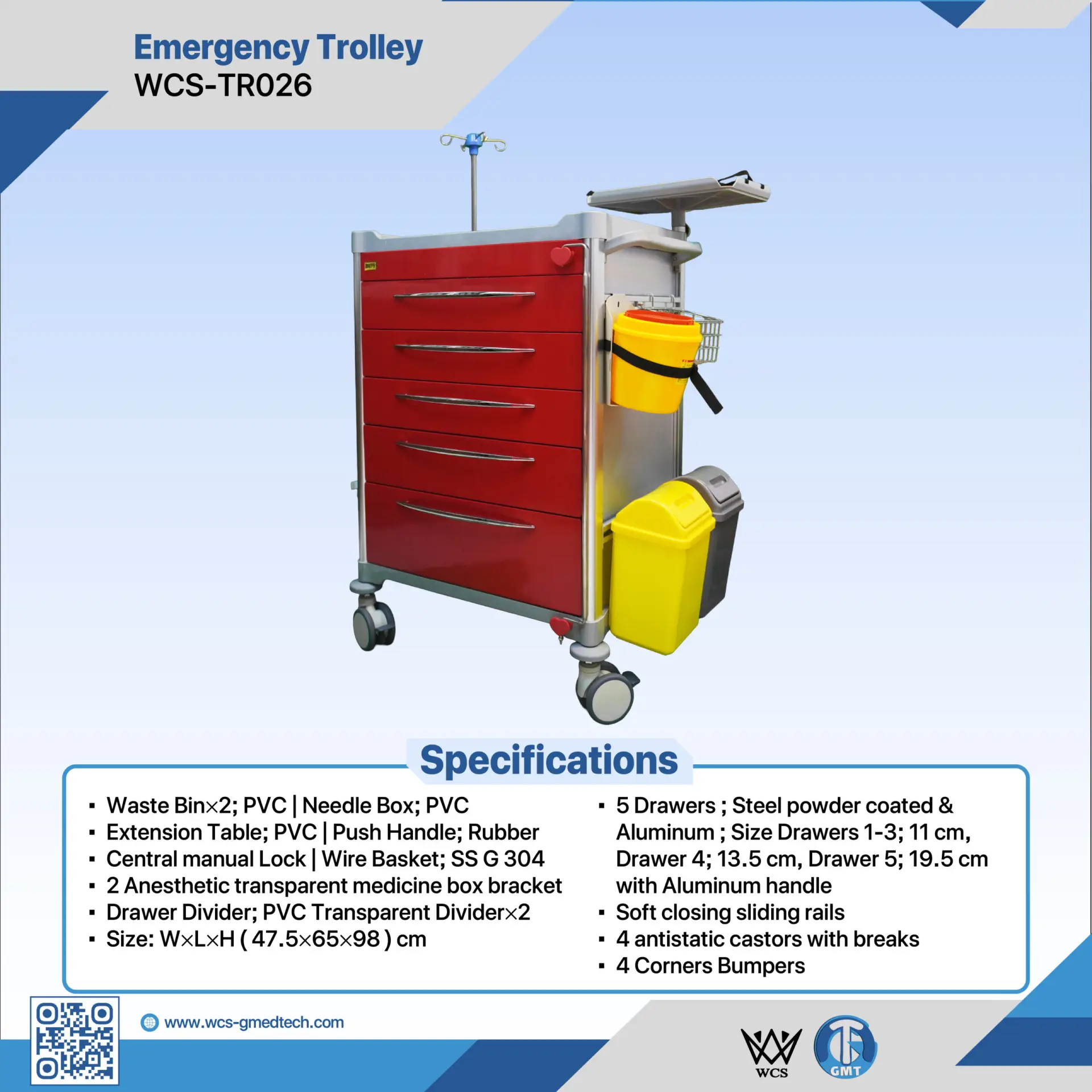 WCS-TR026 Emergency Trolley with 5 soft-closing drawers, antistatic castors, PVC waste bins, and stainless steel wire basket