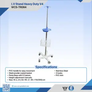 WCS-TR064 Heavy Duty V4 IV Stand with stainless steel pole, 4 hooks, PVC dish, powder coated basket, and 5-caster penta base