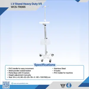WCS-TR065 Heavy Duty V5 stainless steel I.V stand featuring 4 hooks, PVC machine holder, powder-coated basket, and penta base with 5 castors