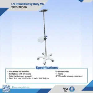 WCS-TR066 Heavy Duty V6 Stainless Steel I.V Stand with 4 hooks, PVC handle, and penta base with 5 castors