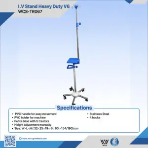 WCS-TR067 Heavy Duty V6 stainless steel I.V stand with 4 hooks, PVC handle, machine holder, and 5-castor penta base