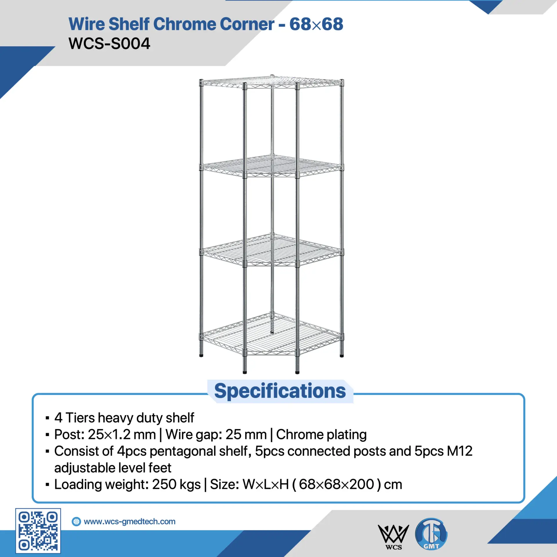 WCS-S004 4-tier heavy duty chrome wire corner shelf with pentagonal shelves, 25x1.2mm posts, and adjustable M12 feet