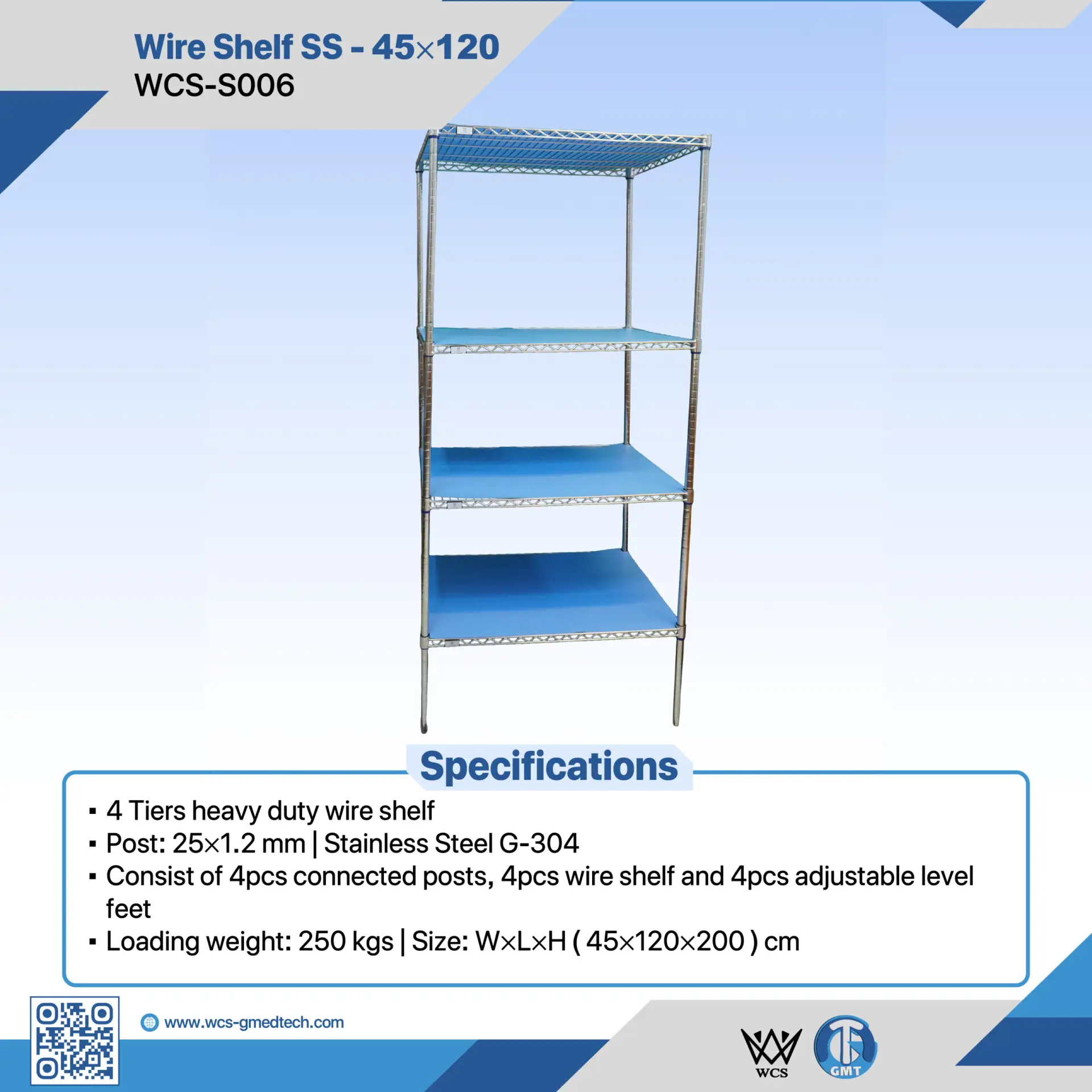 WCS-S006 4-tier heavy duty stainless steel wire shelf with adjustable feet and 250kg load capacity