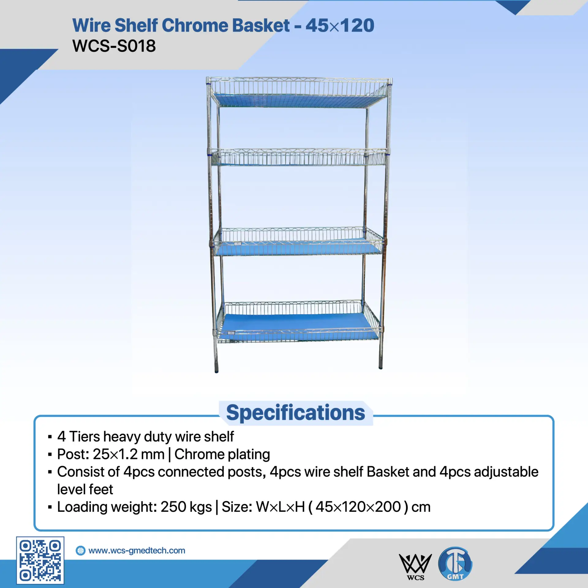 WCS-S018 4-tier heavy duty chrome wire shelf basket measuring 45x120x200 cm with adjustable level feet and 250kg load capacity