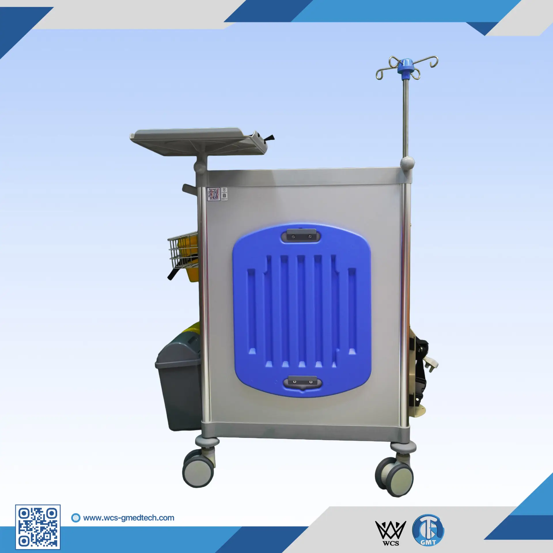 WCS-TR026 Emergency Trolley with 5 soft-closing drawers, antistatic castors, PVC waste bins, and stainless steel wire basket