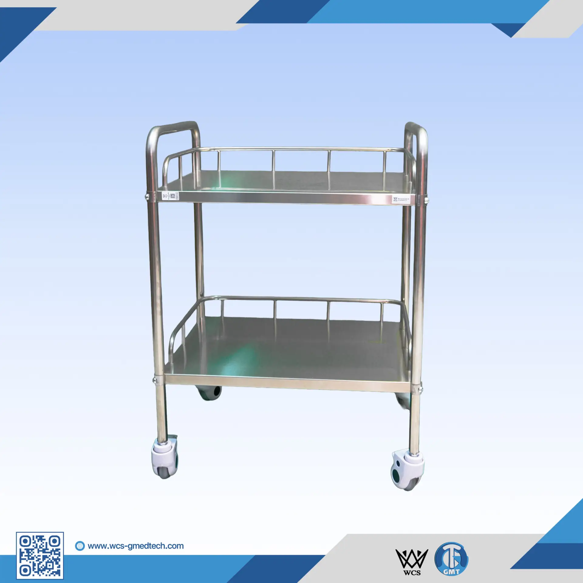 WCS-TR039 stainless steel 2-layer trolley with 3-inch caster wheels and stainless steel link screws