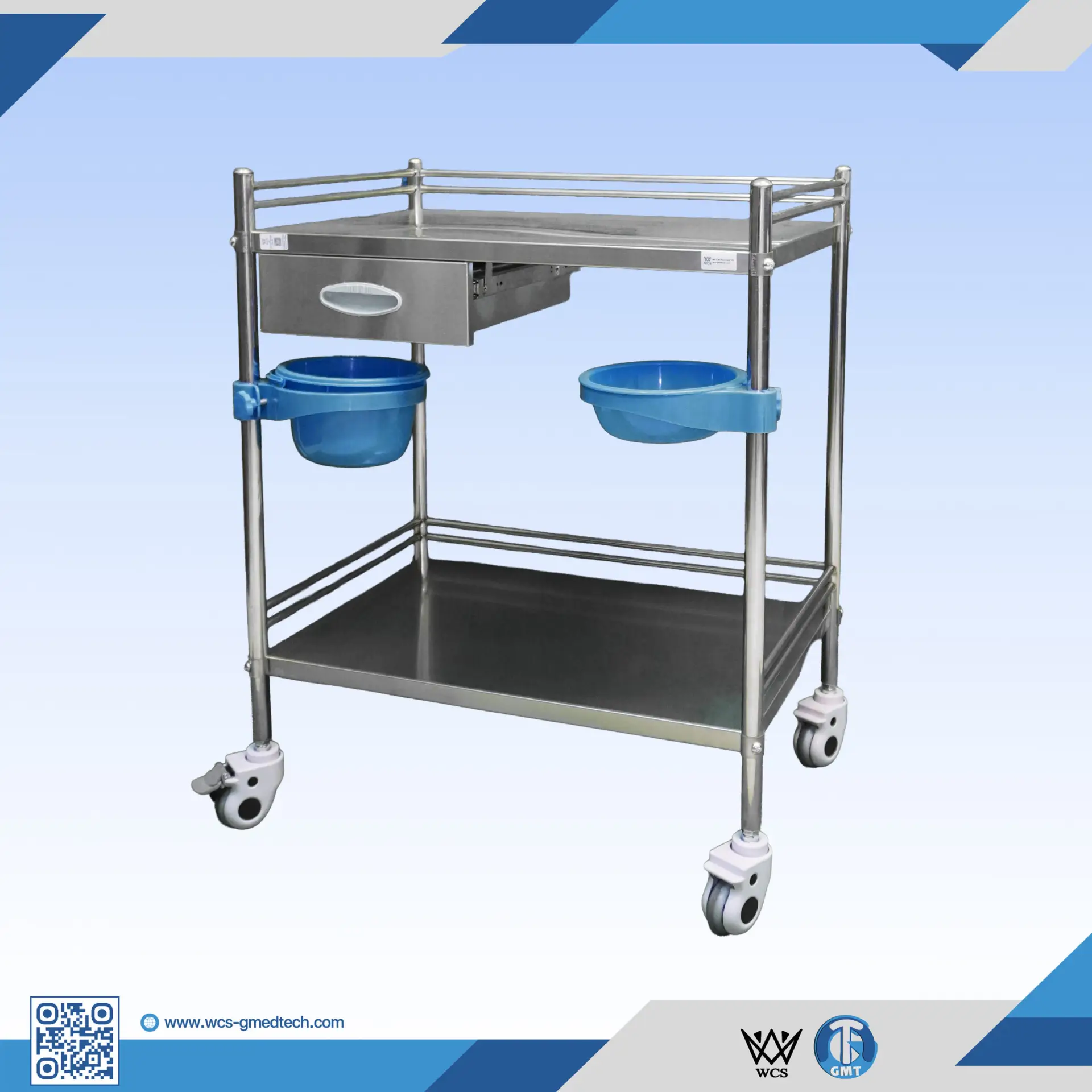WCS-TR048 two-tier medicinal stainless steel trolley with adjustable tray, small drawer, bowl, plastic bucket, and four 3-inch caster wheels