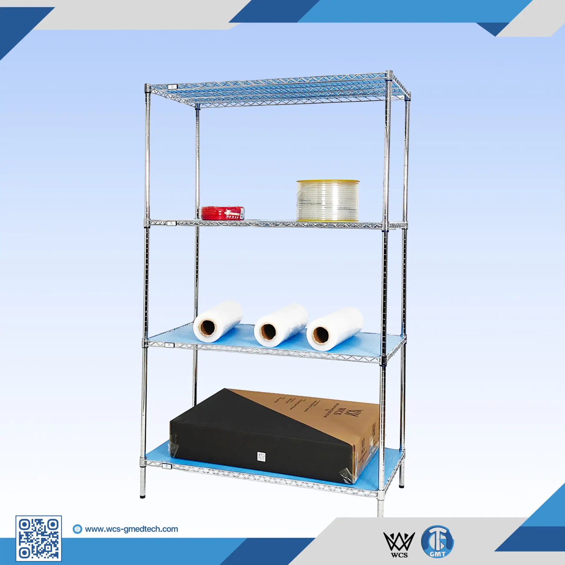 WCS-S006 4-tier heavy duty stainless steel wire shelf with adjustable feet and 250kg load capacity