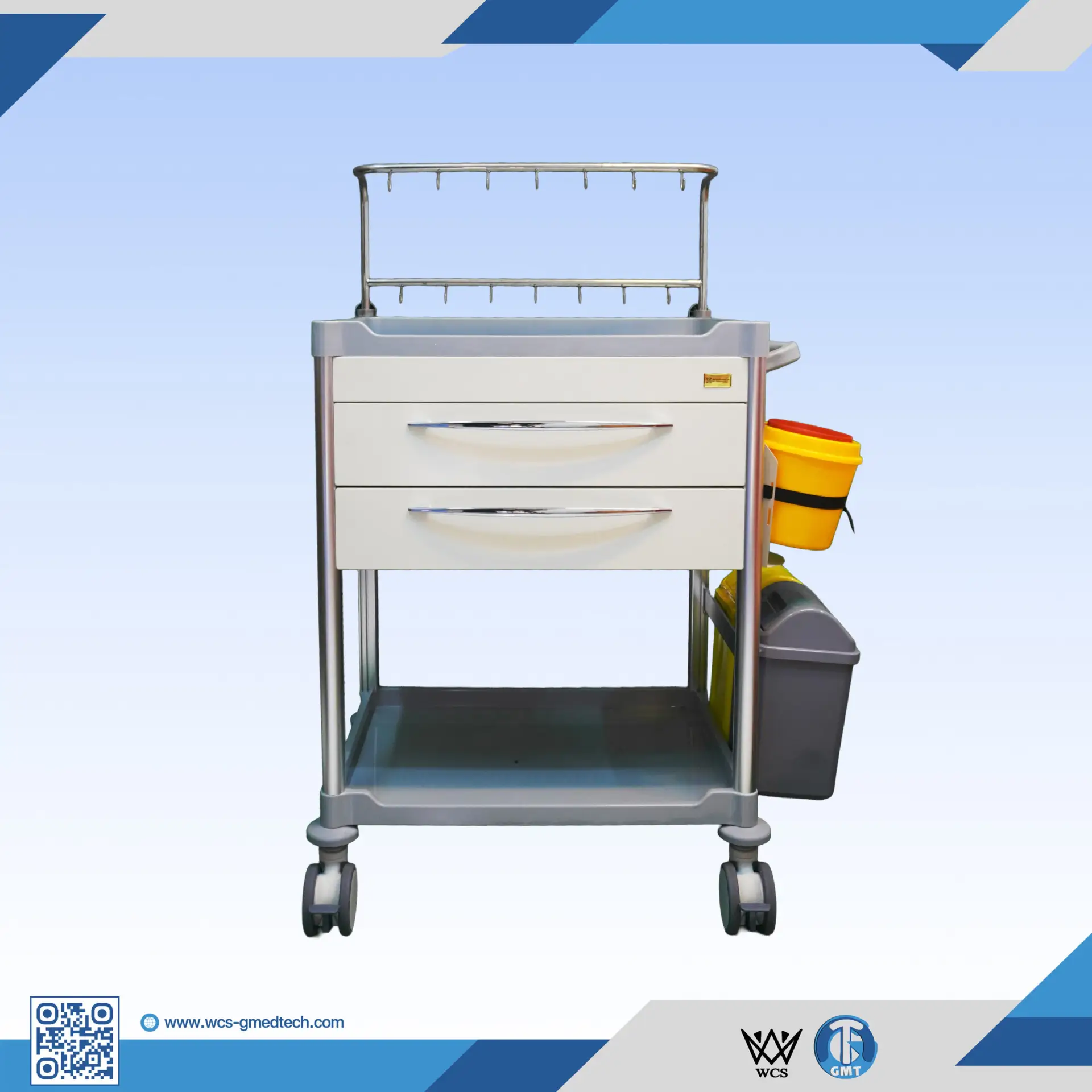 WCS-TR029 Infusion Trolley with double-deck IV pole, two powder-coated drawers, SS304 wire basket, and four antistatic castors