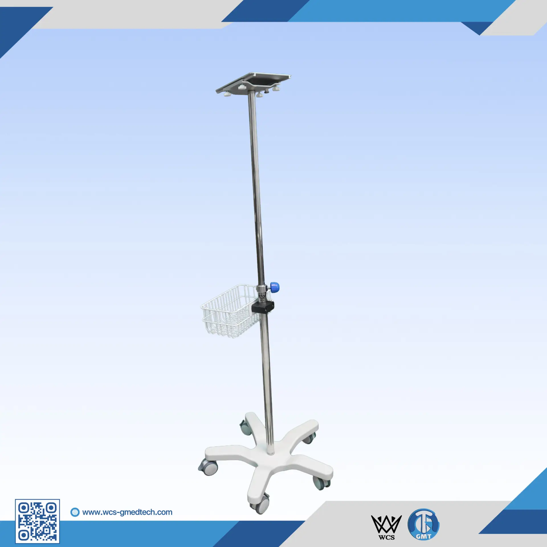 WCS-TR066 Heavy Duty V6 Stainless Steel I.V Stand with 4 hooks, PVC handle, and penta base with 5 castors