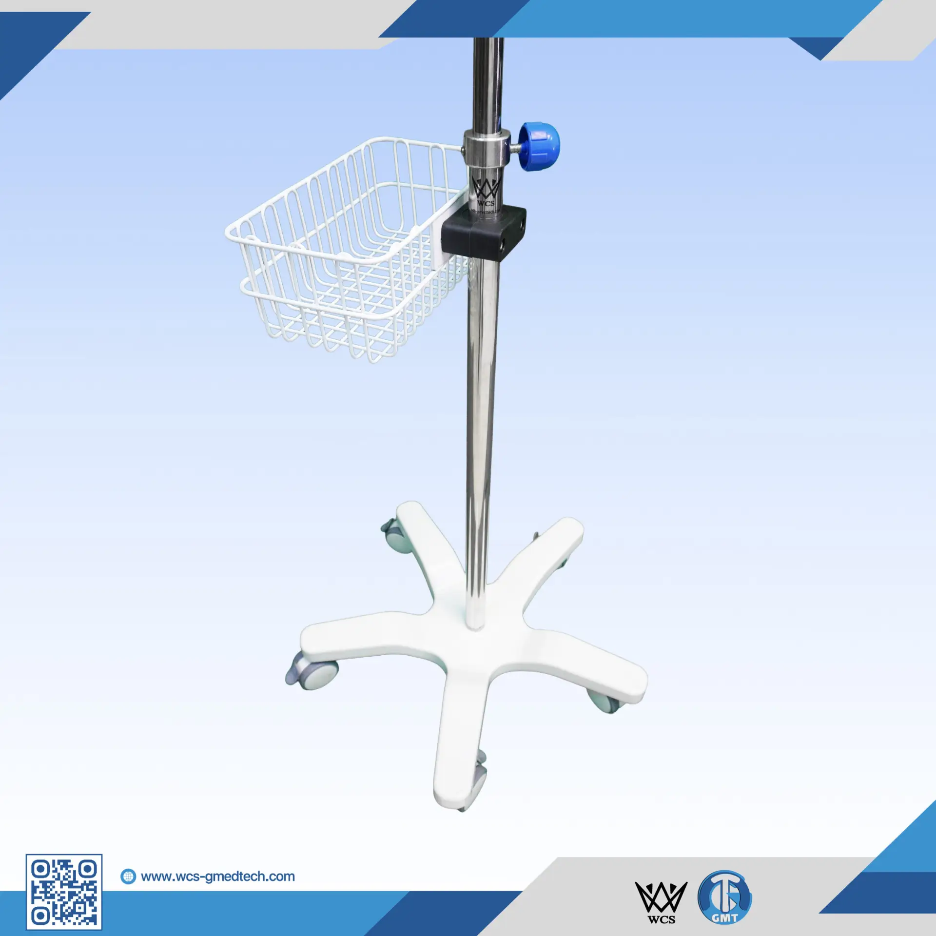 WCS-TR066 Heavy Duty V6 Stainless Steel I.V Stand with 4 hooks, PVC handle, and penta base with 5 castors