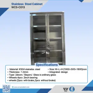 WCS-C013 1000x500x1800mm 304 stainless steel medical cabinet with 2 doors, 5 layers, and 4 rolling wheels