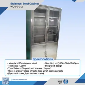WCS-C012 304 stainless steel medical cabinet with 2 doors, 3 layers, ordinary glass panels, and four 2-inch bearing wheels