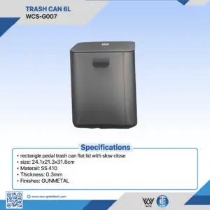WCS-G007 6L rectangular pedal trash can with flat slow-close lid, made of 0.3mm SS 410 stainless steel in a gunmetal finish