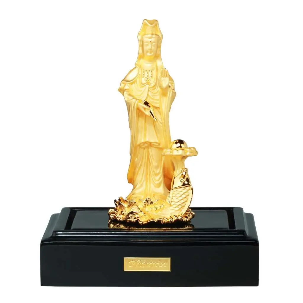 24K Gold Plated Statue Phoenix Metal Blessing Guan Yin