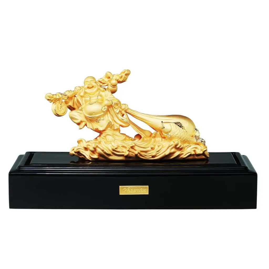 24K Gold Plated Statue Phoenix Metal Happy Buddha Pulling Wealth