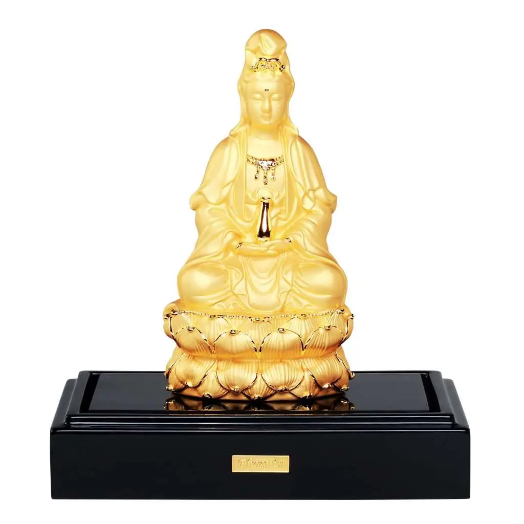 24K Gold Plated Statue Phoenix Metal Guan Yin with Lotus Blossom