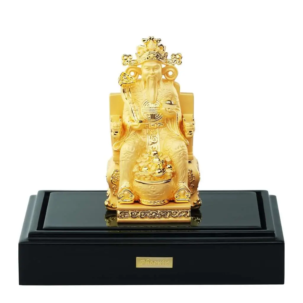24K Gold Plated Statue Phoenix Metal Cai Shen on Throne