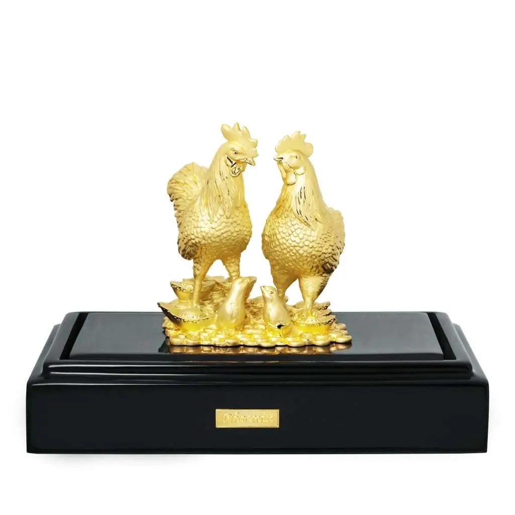 24K Gold Plated Statue Phoenix Metal Rooster Family
