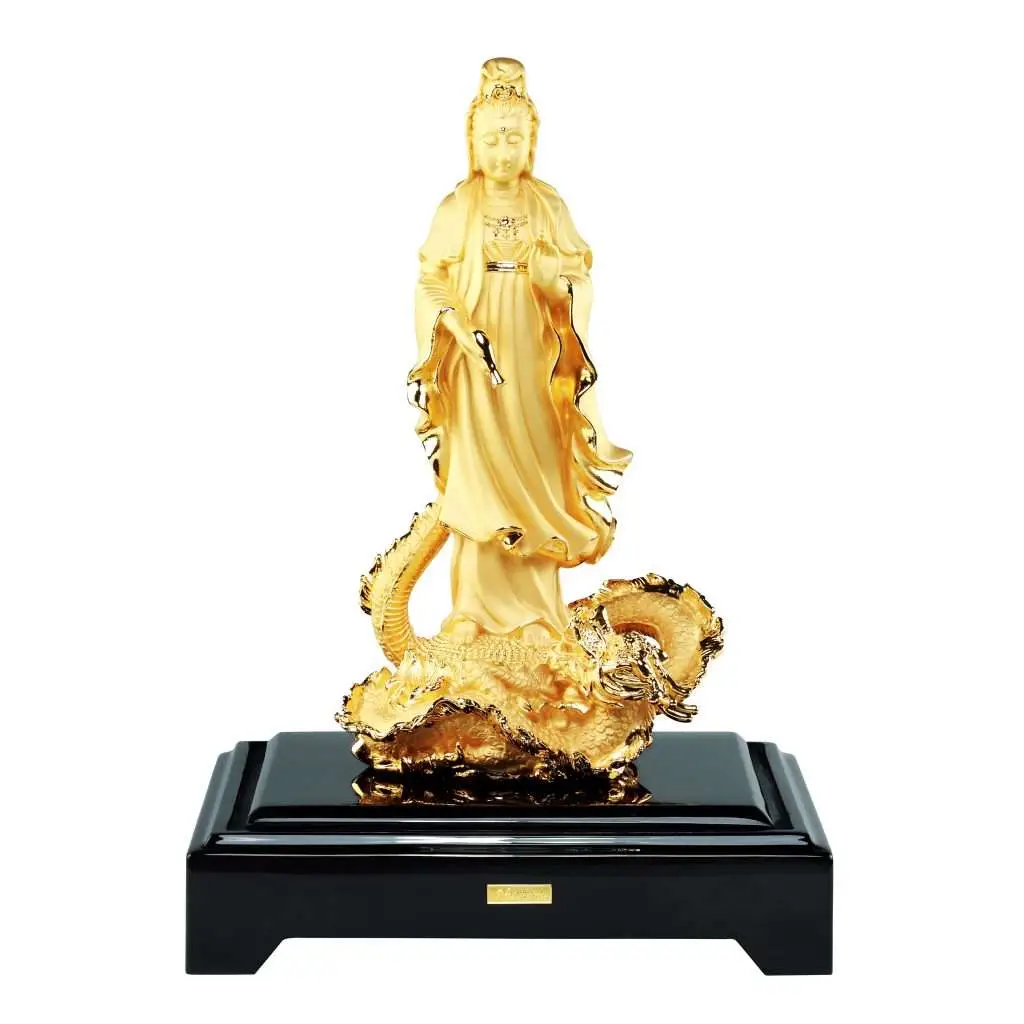 24K Gold Plated Statue Phoenix Metal Guan Yin
