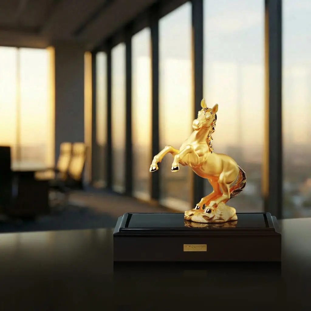 Golden horse sculpture with intricate details, placed on a black base in a contemporary office with.