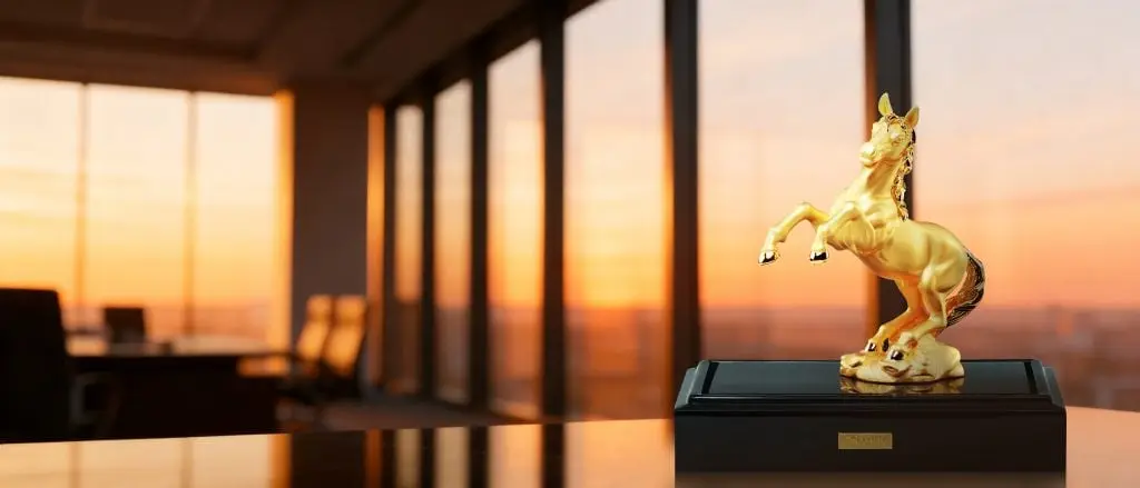Wealth Jewelry - 24K Golden Horse figurine, luxury decor, office interior, sunset background, elegant ornament.