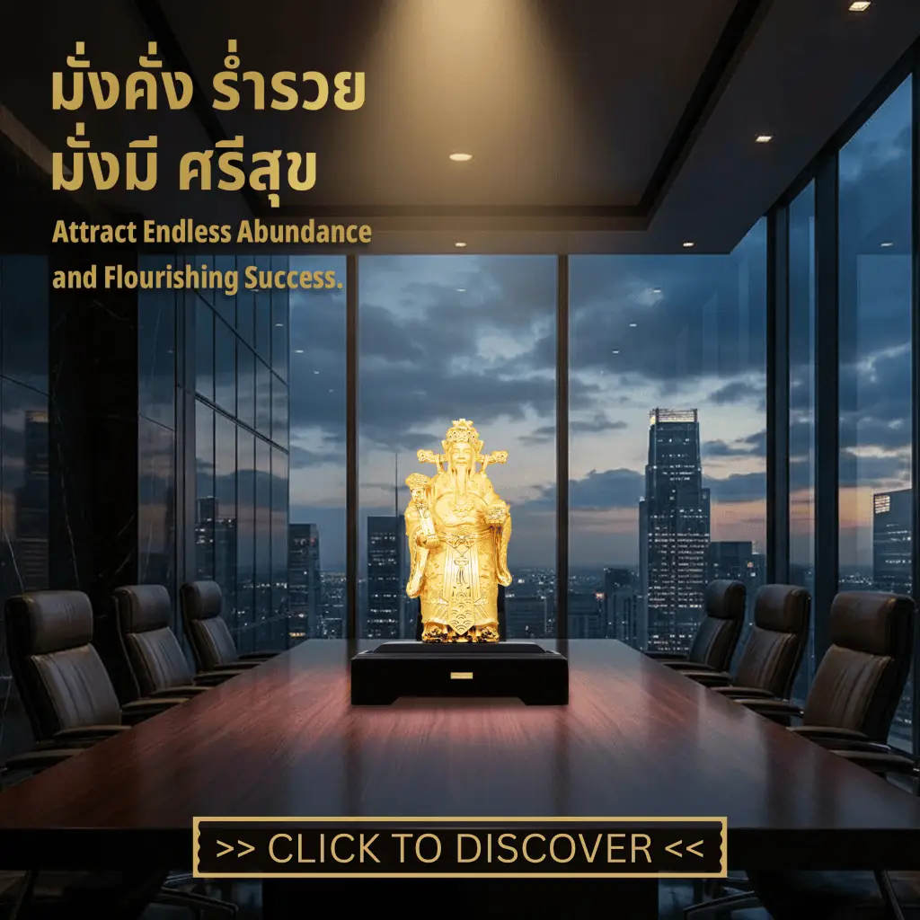 Wealth Jewelry - Gold God Of Wealth statue displayed in a sleek conference room with city skyline view at sunset.