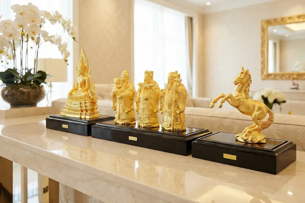 Gold figurines, luxury decor, elegant interior, decorative sculptures, high-end home accessories.