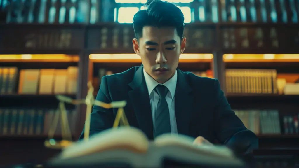 Asian man reading book in library