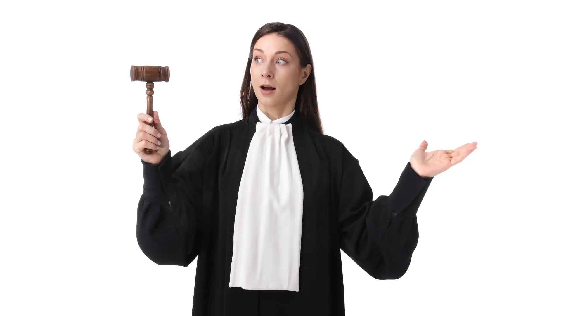 Female judge holding a wooden gavel.