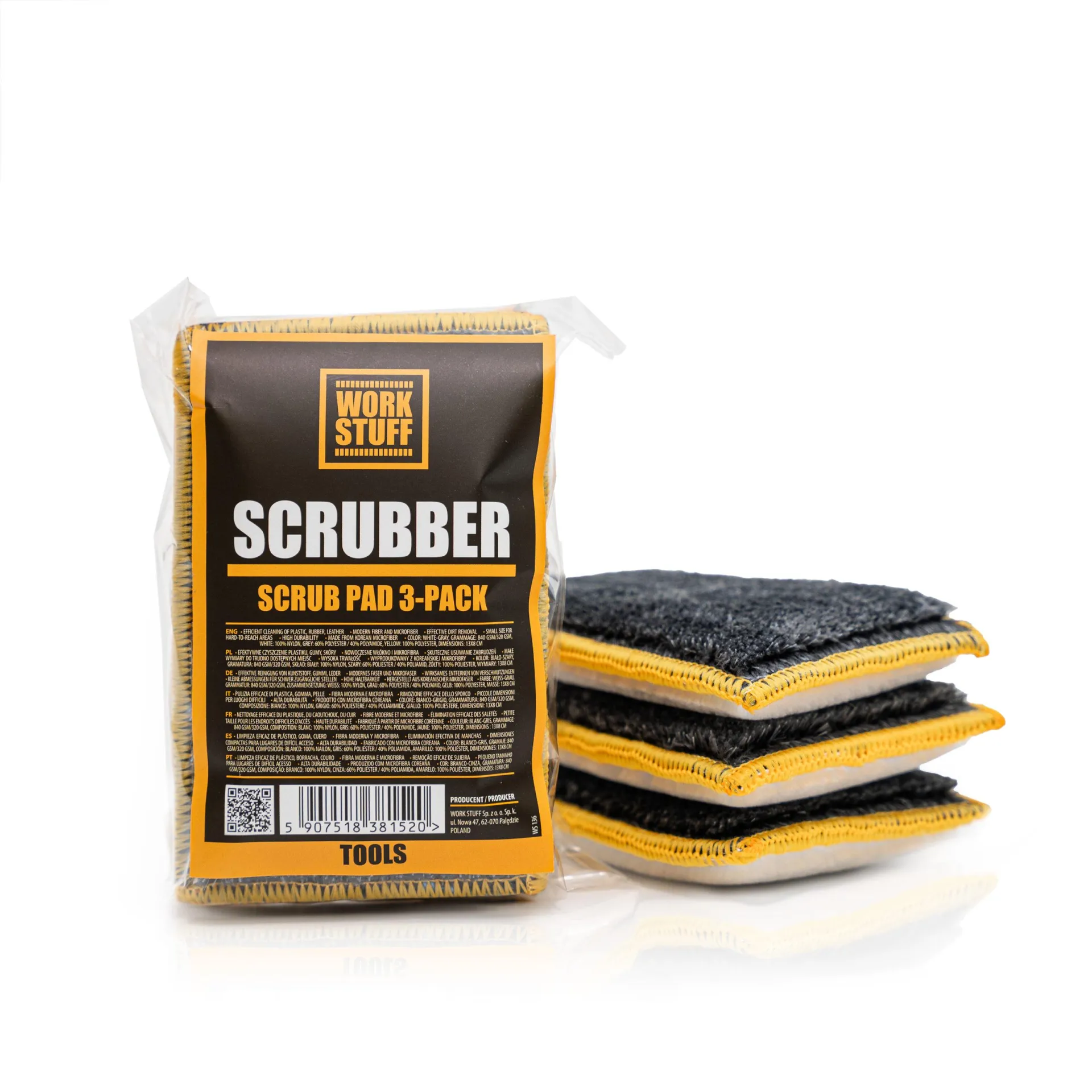 A 3-pack of Work Stuff Scrubber pads in packaging beside three stacked black and yellow scrub pads on white background.