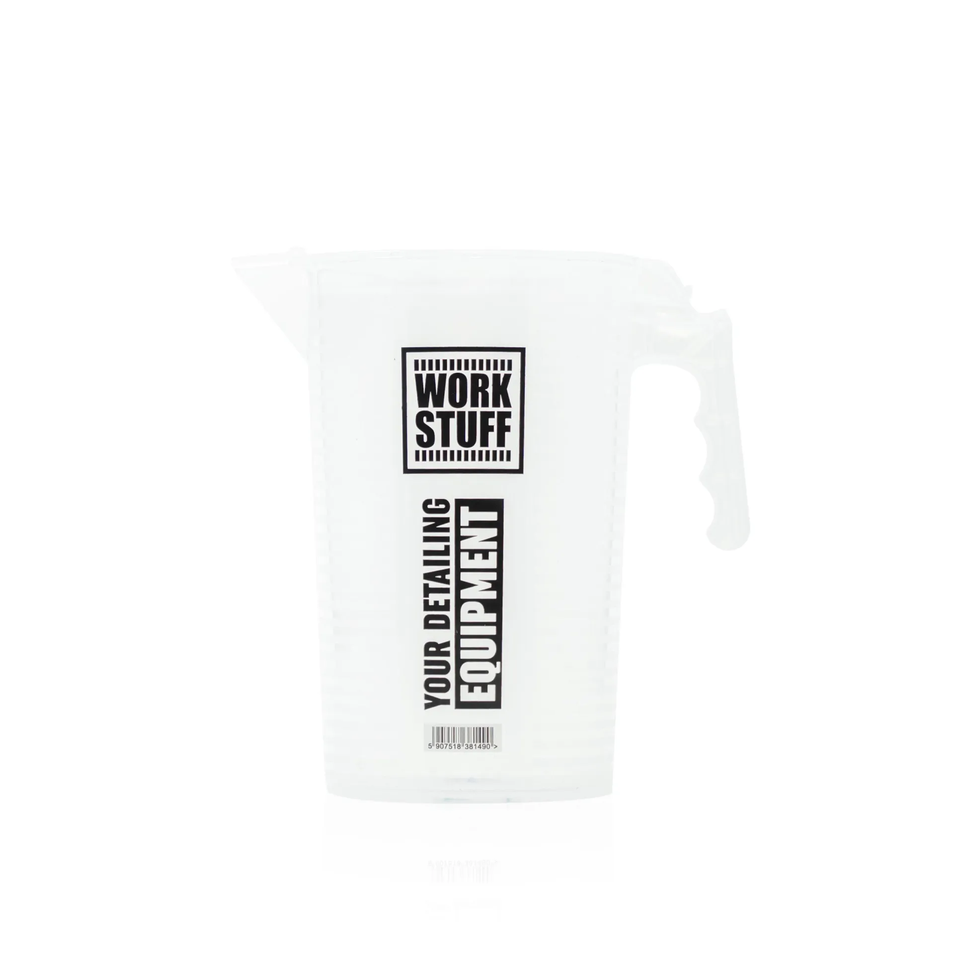 Transparent plastic measuring jug with handle and spout, labeled Work Stuff YOUR DETAILING EQUIPMENT in black text, on white background.