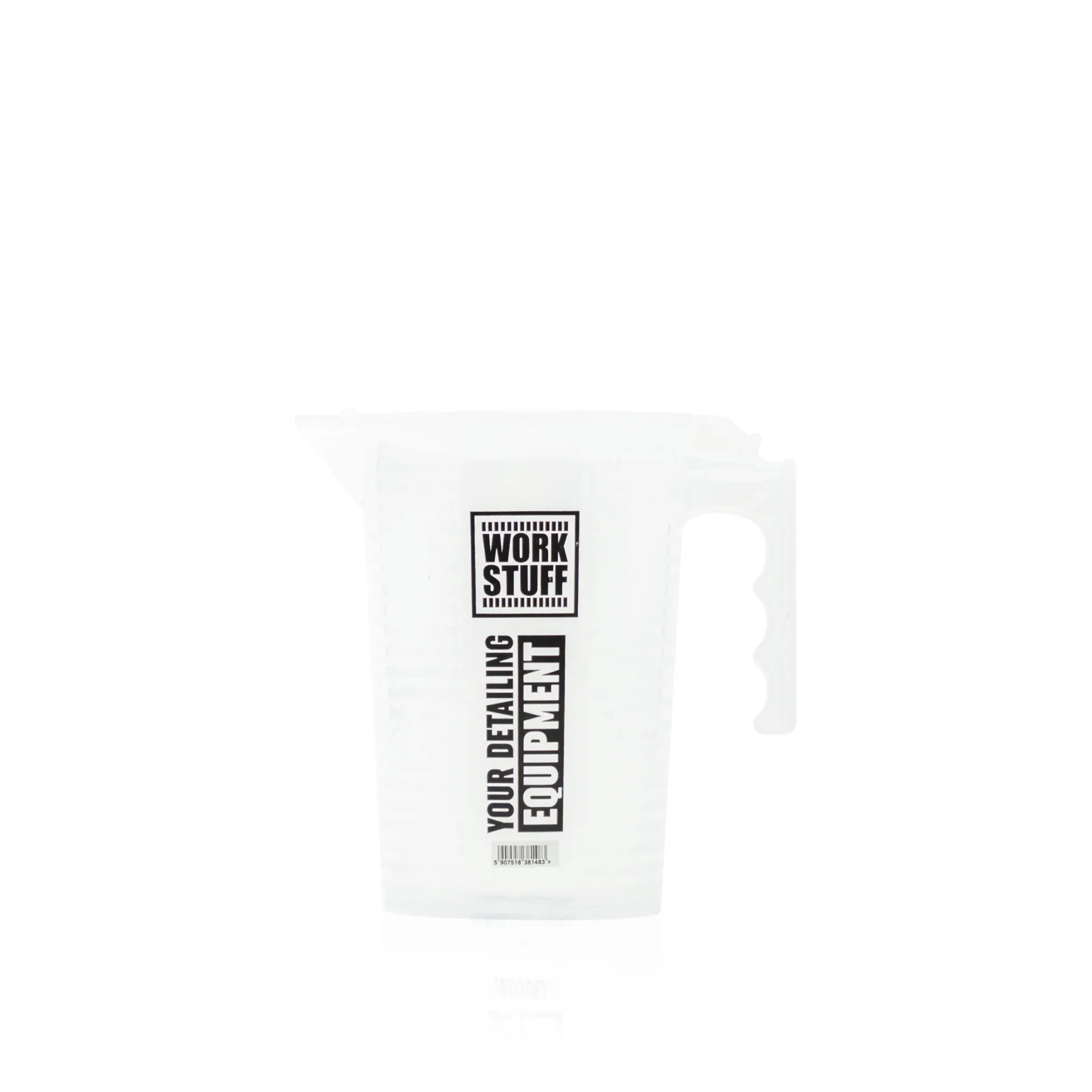 Transparent plastic measuring jug with handle and spout, labeled Work Stuff YOUR DETAILING EQUIPMENT in black, on white background.