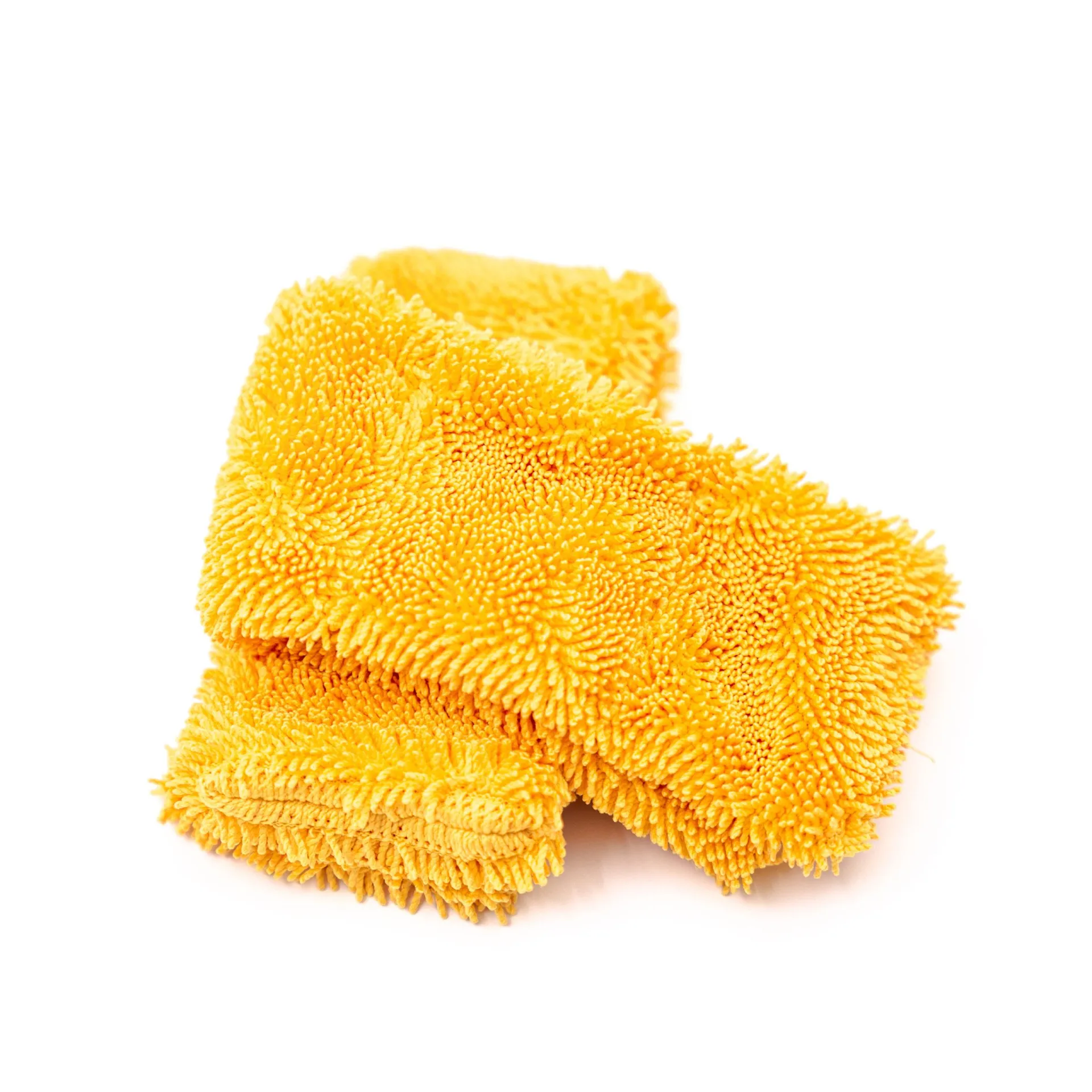 Two yellow microfiber cleaning cloths with textured chenille-like surfaces, stacked on a plain white background.