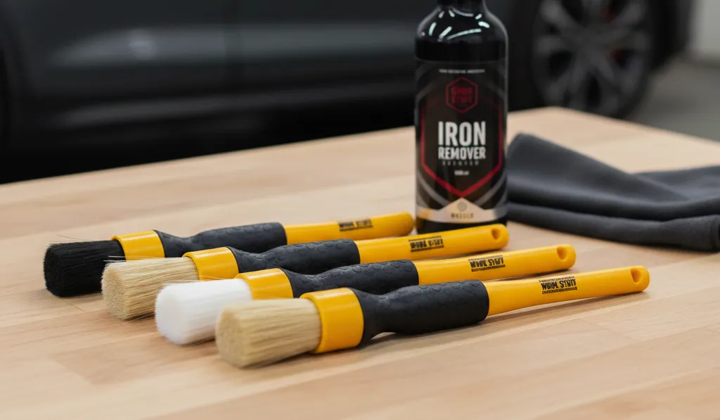 Five yellow-handled detailing brushes, Iron Remover spray, and a folded gray cloth on a wooden surface; car blurred behind.