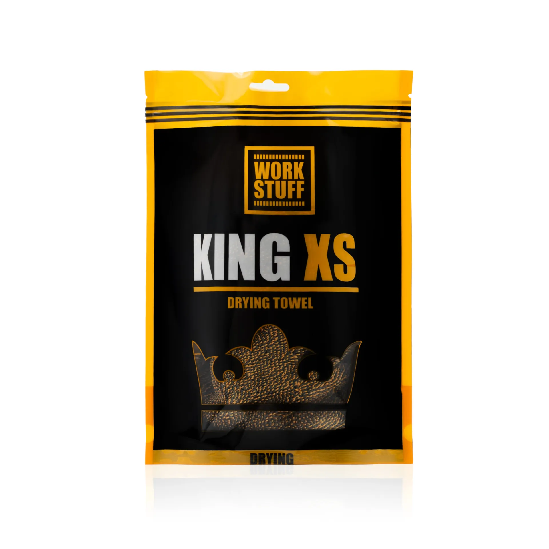 Sealed package of Work Stuff King XS Drying Towel with bold black and yellow design, crown graphic, and large front text.