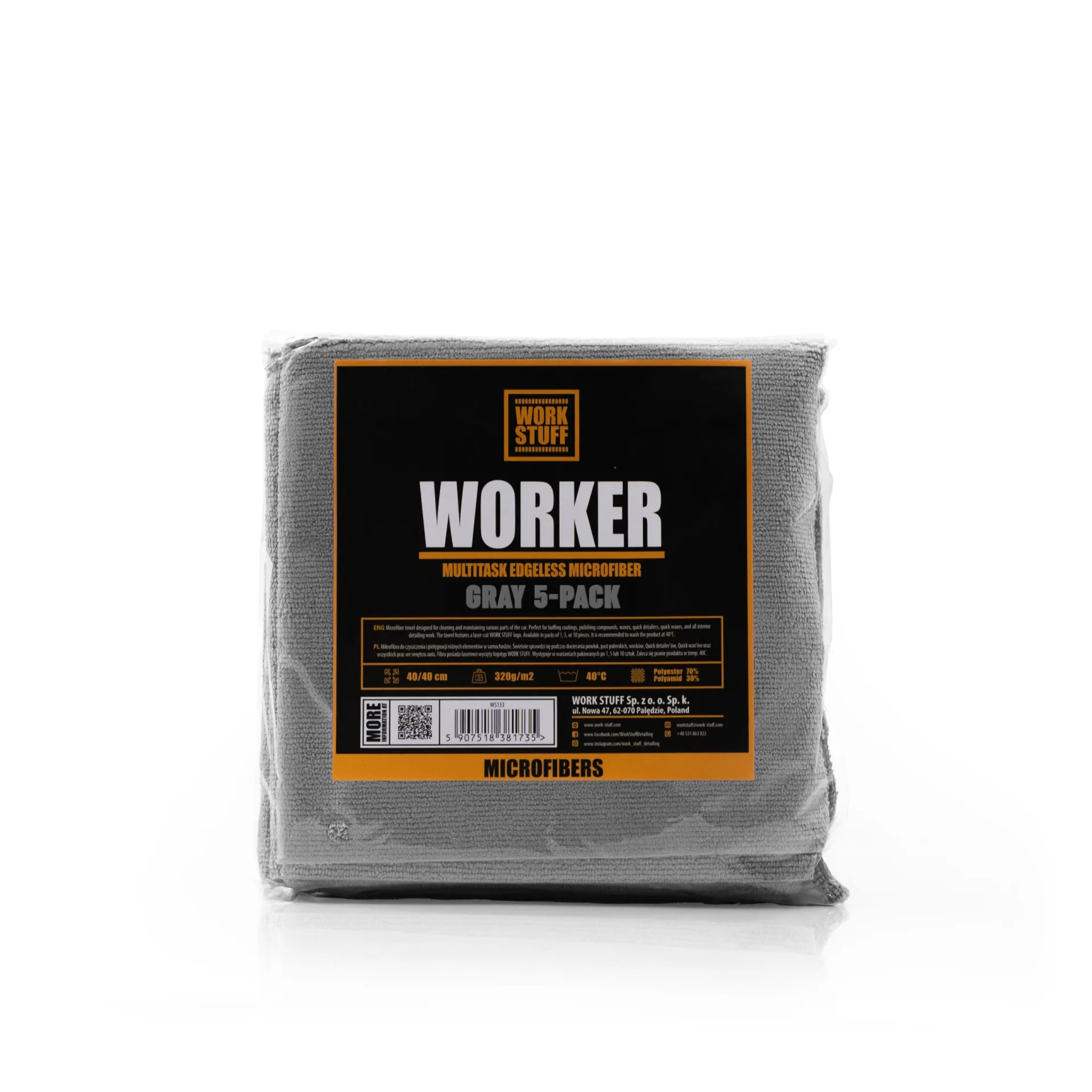 Paquete transparente con cinco paños de microfibra gris con la etiqueta WORKER Multitask Edgeless Microfiber Gray 5-Pack, marca Work Stuff.