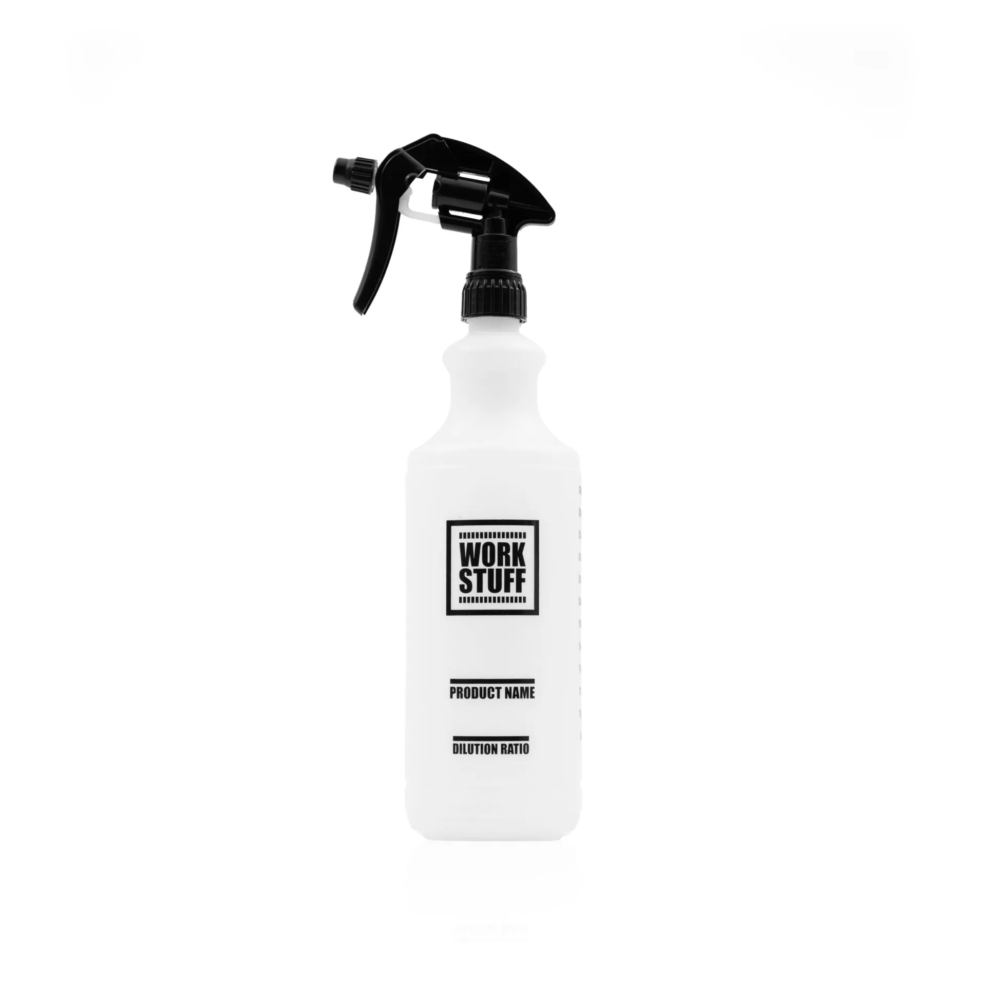 White plastic spray bottle labeled Work Stuff with spaces for product name and dilution ratio on a plain white background.
