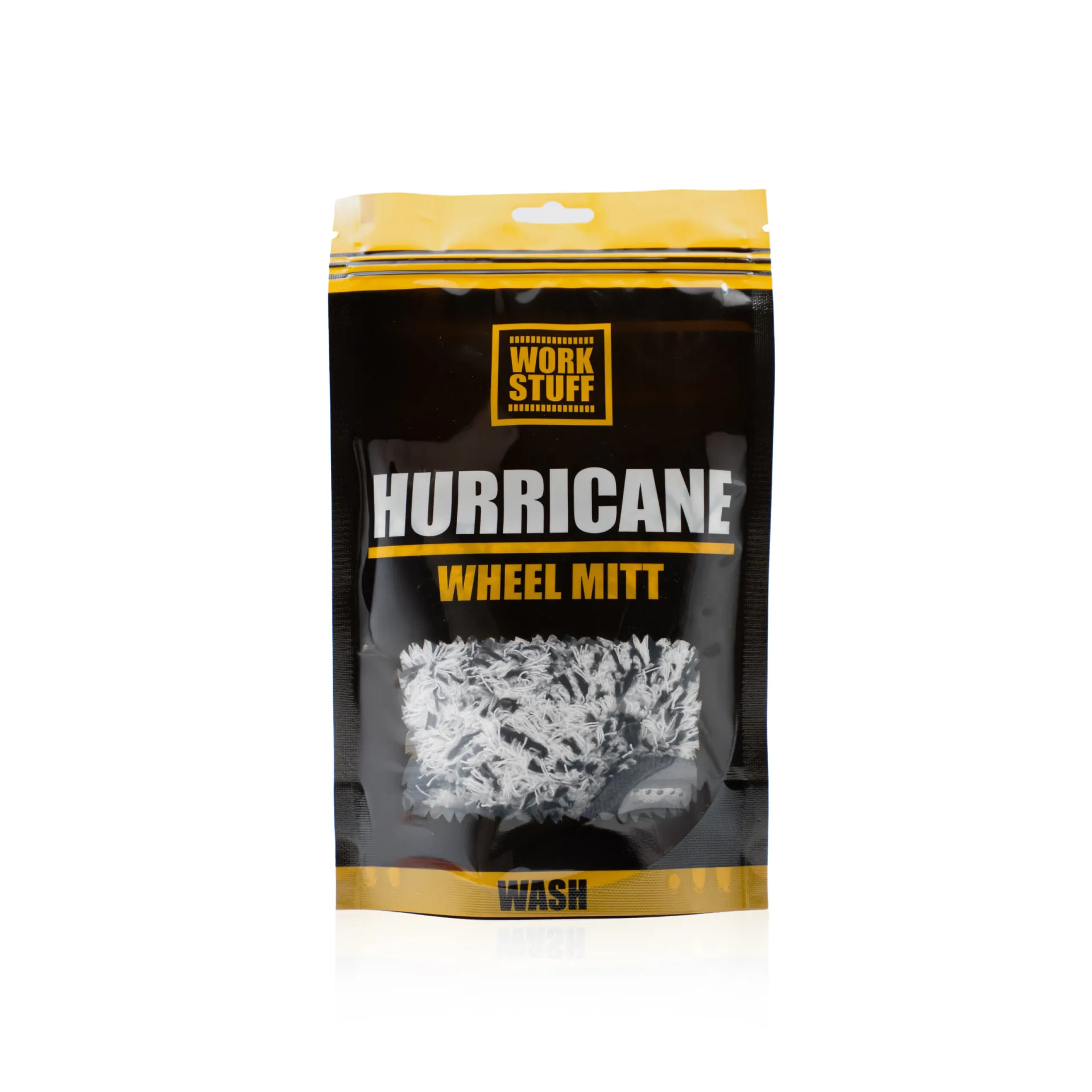 Sealed Work Stuff Hurricane Wheel Mitt package with black and yellow branding, showing gray and white microfiber mitt inside.