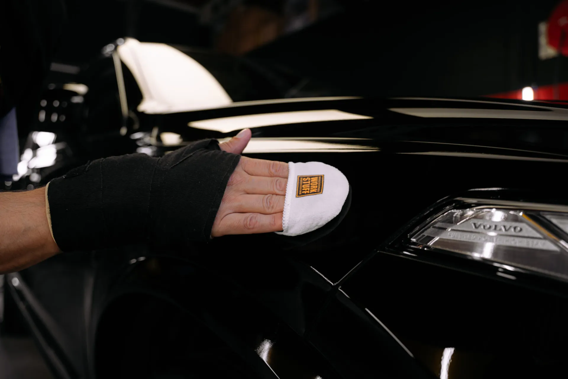 Work Stuff microfiber ceramic coating applicator used on black car paint