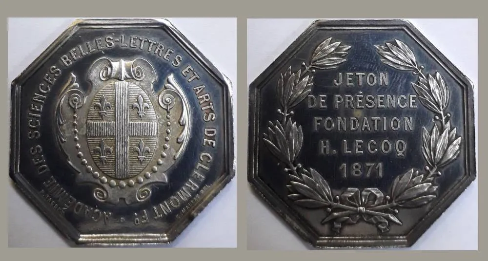 Un jeton de présence « académique », en argent. Coll. Académie des sciences, belles lettres et arts de Clermont Ferrand