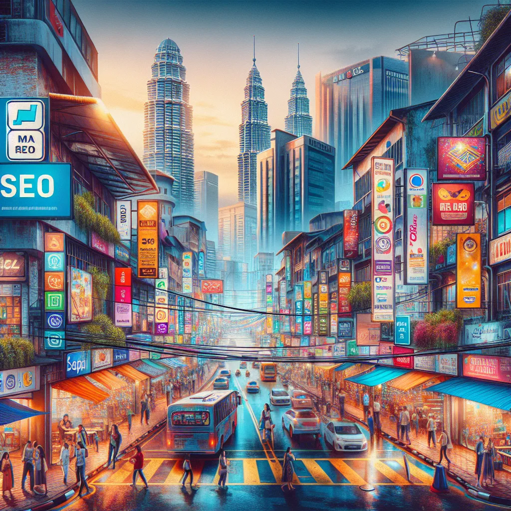 A vibrant street scene in Kuala Lumpur showcasing local businesses with digital marketing elements like SEO graphs and social media icons