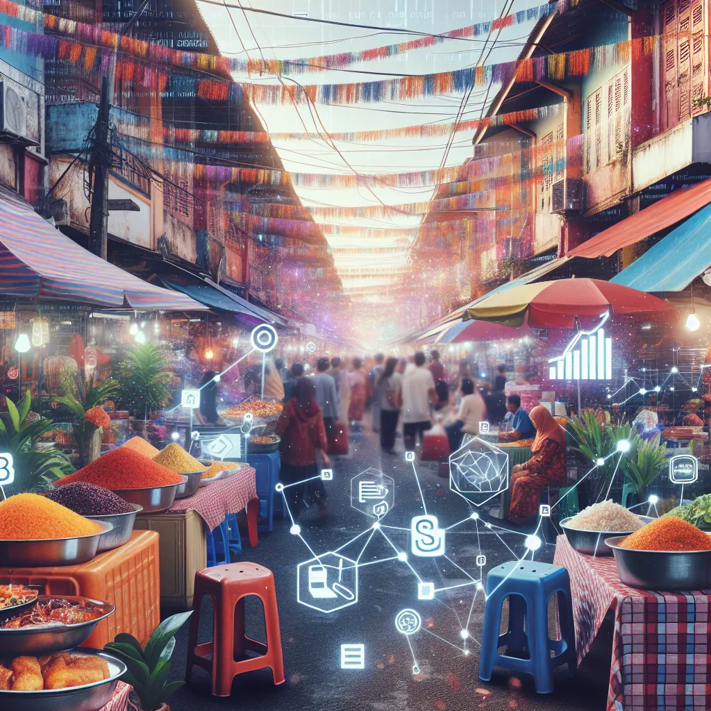 A vibrant Malaysian street market scene showing various local foods and businesses with digital marketing elements like graphs and SEO keywords